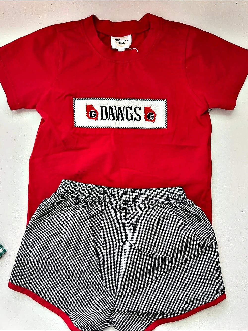 Tiny Town Smocks Georgia Dawgs Smocked Short Set Red & Black 4T